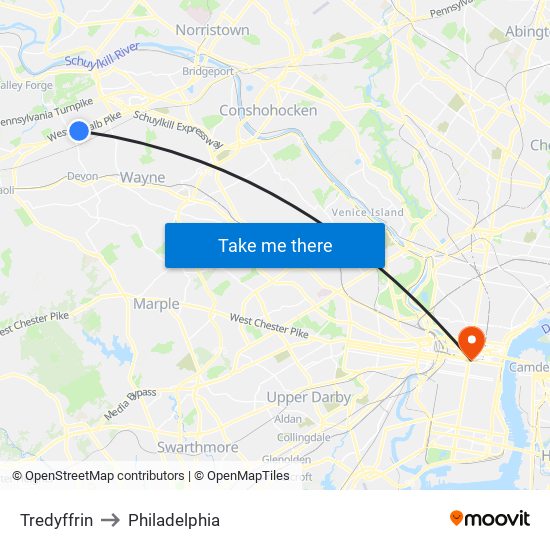 Tredyffrin to Philadelphia map