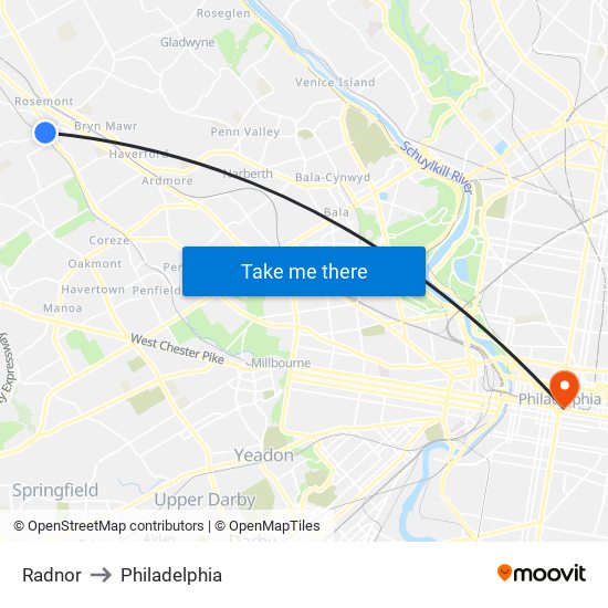 Radnor to Philadelphia map
