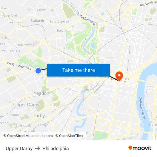 Upper Darby to Philadelphia map