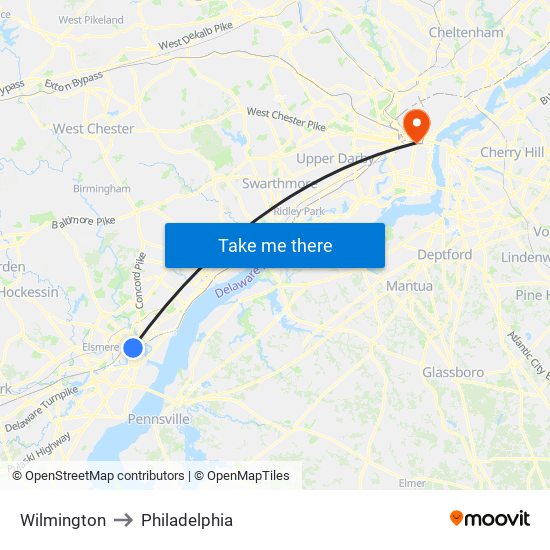Wilmington to Philadelphia map