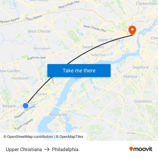 Upper Christiana to Philadelphia map