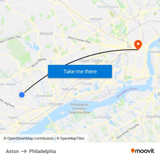 Aston to Philadelphia map