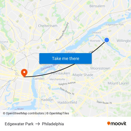 Edgewater Park to Philadelphia map