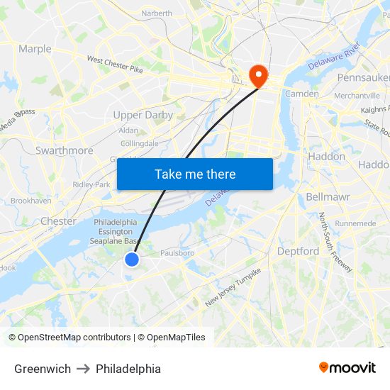 Greenwich to Philadelphia map