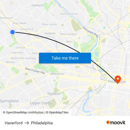 Haverford to Philadelphia map