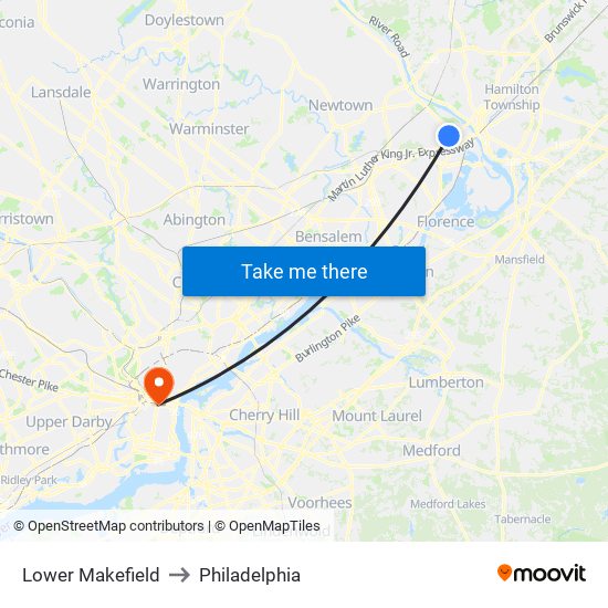 Lower Makefield to Philadelphia map