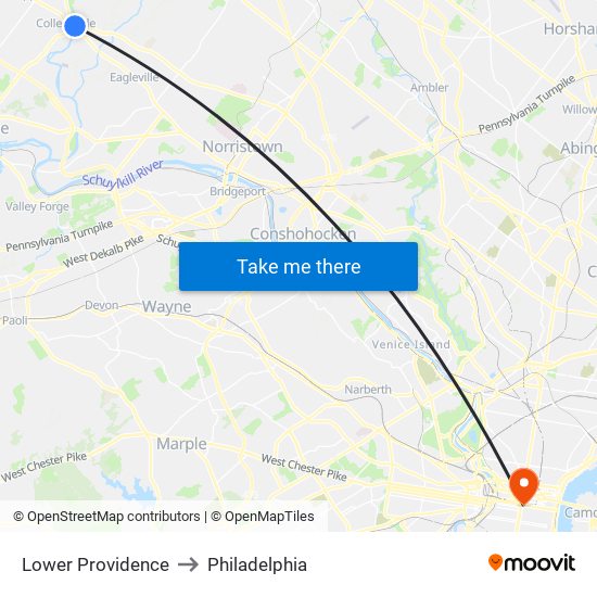 Lower Providence to Philadelphia map