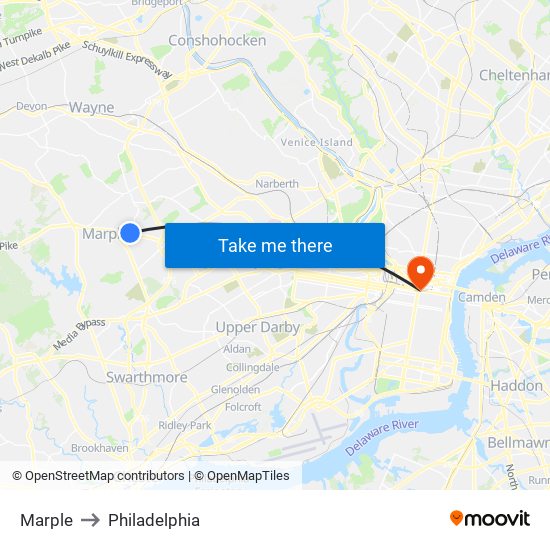 Marple to Philadelphia map