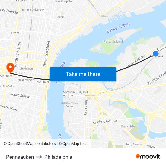 Pennsauken to Philadelphia map