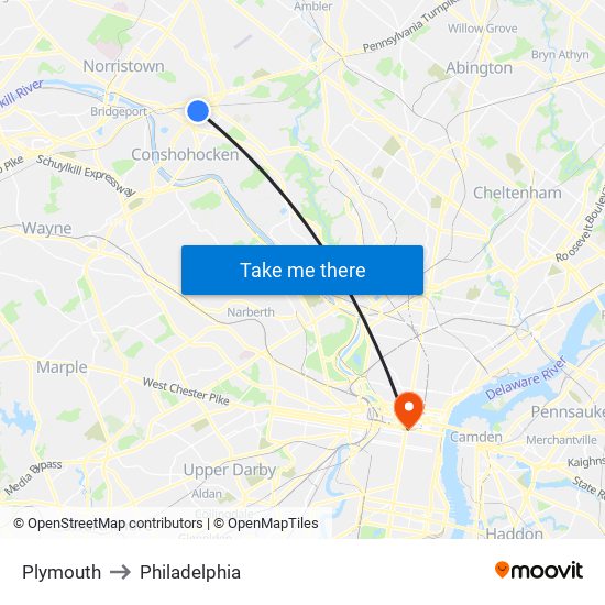 Plymouth to Philadelphia map