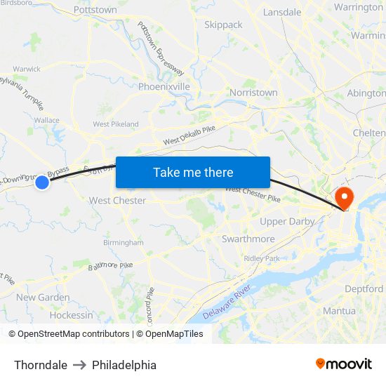 Thorndale to Philadelphia map