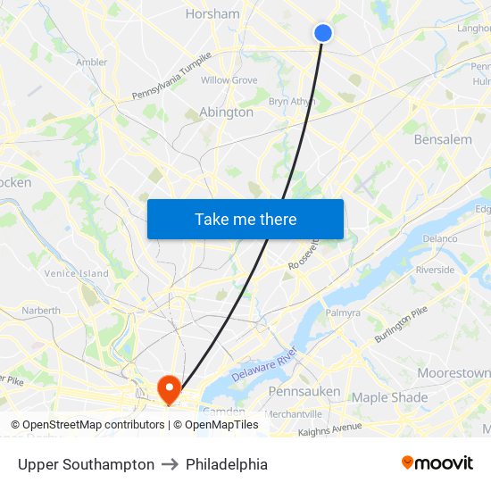 Upper Southampton to Philadelphia map