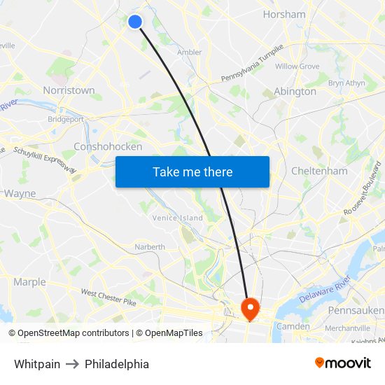 Whitpain to Philadelphia map
