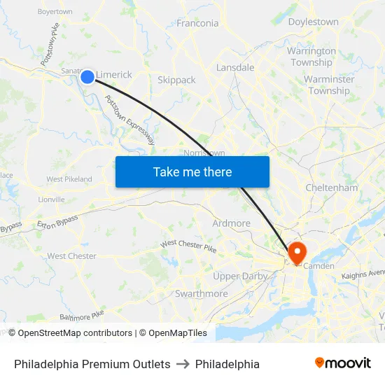 Philadelphia Premium Outlets to Philadelphia map