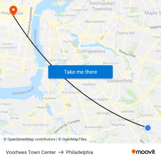 Voorhees Town Center to Philadelphia map