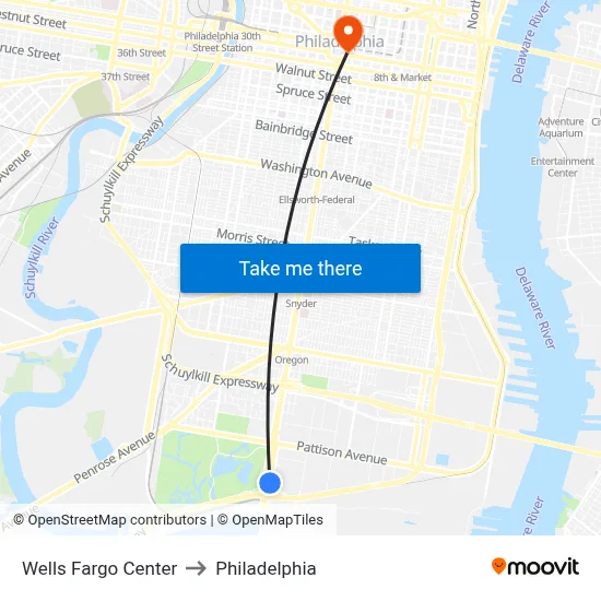 Wells Fargo Center to Philadelphia map