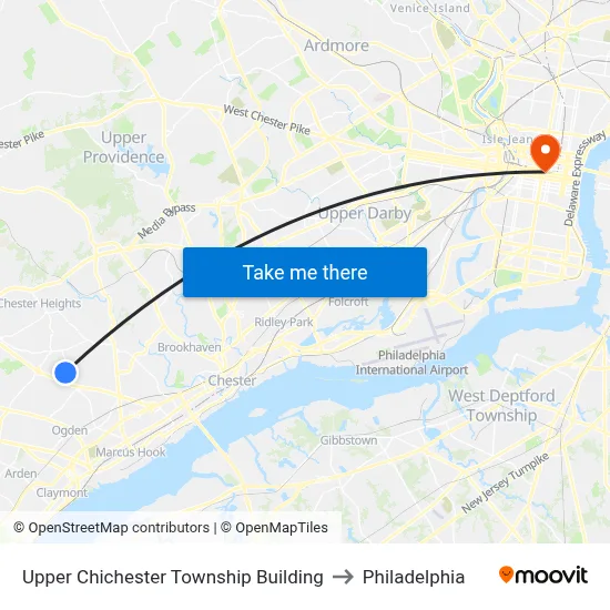 Upper Chichester Township Building to Philadelphia map