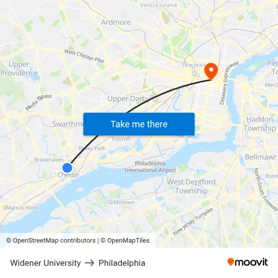 Widener University to Philadelphia map
