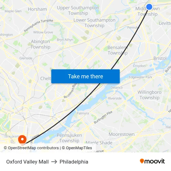 Oxford Valley Mall to Philadelphia map