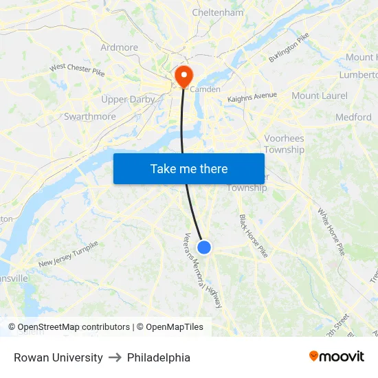 Rowan University to Philadelphia map