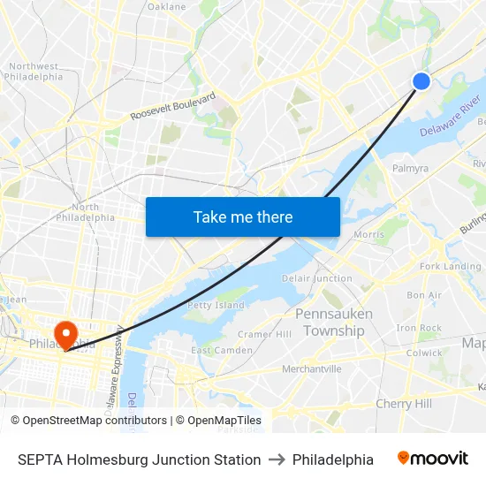SEPTA Holmesburg Junction Station to Philadelphia map