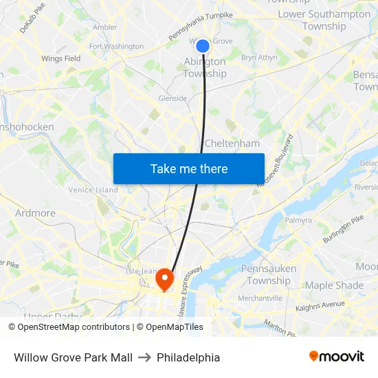 Willow Grove Park Mall to Philadelphia map