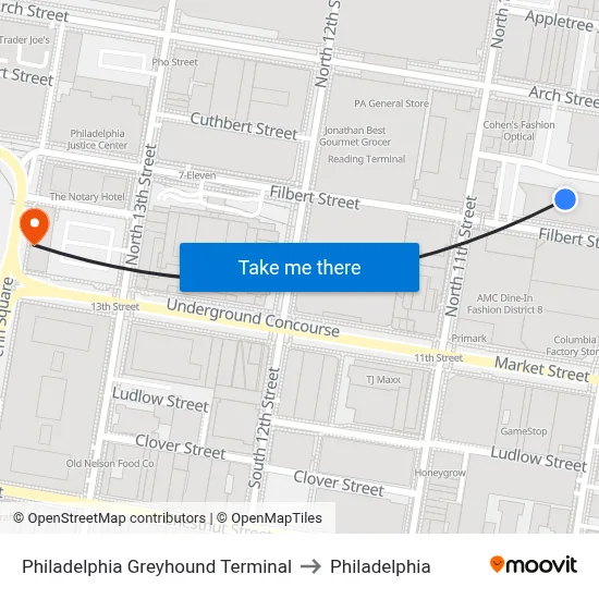 Philadelphia Greyhound Terminal to Philadelphia map