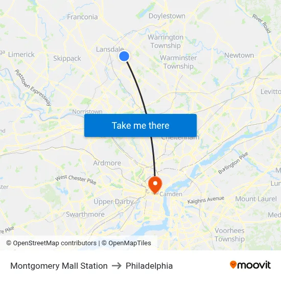 Montgomery Mall Station to Philadelphia map