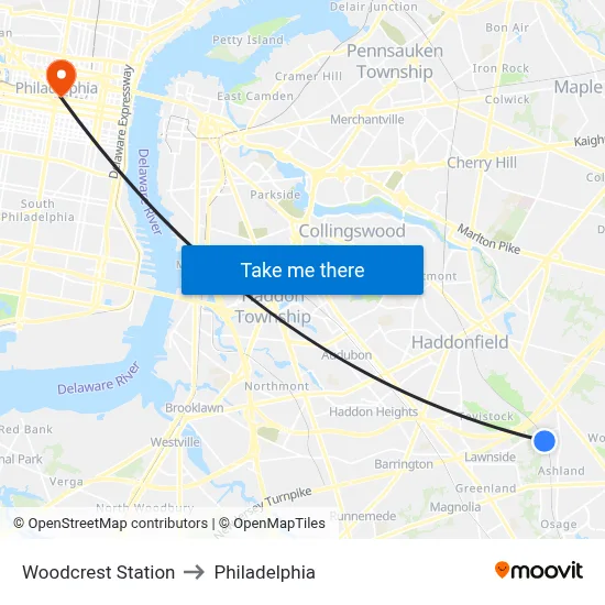Woodcrest Station to Philadelphia map