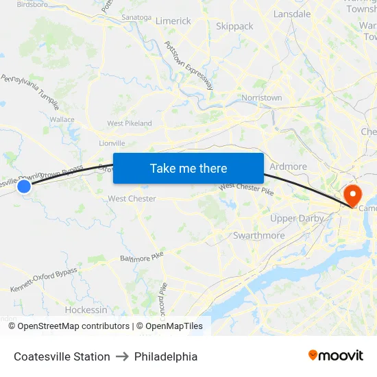 Coatesville Station to Philadelphia map