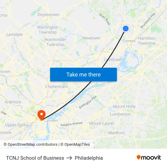 TCNJ School of Business to Philadelphia map