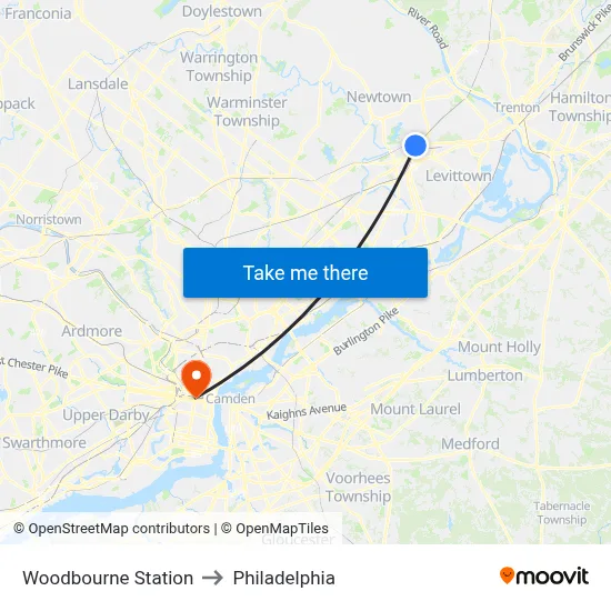 Woodbourne Station to Philadelphia map