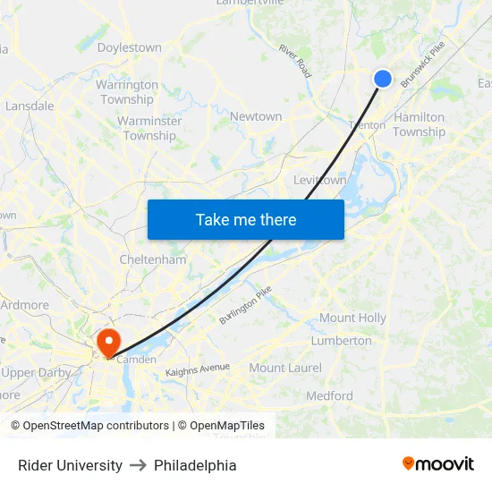 Rider University to Philadelphia map