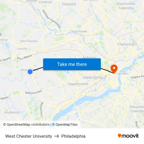 West Chester University to Philadelphia map