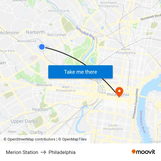 Merion Station to Philadelphia map