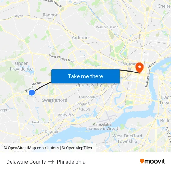 Delaware County to Philadelphia map