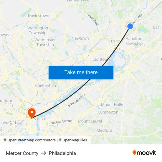 Mercer County to Philadelphia map