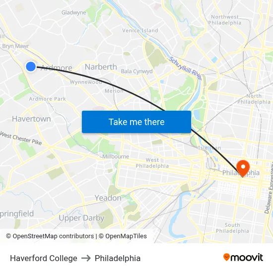 Haverford College to Philadelphia map