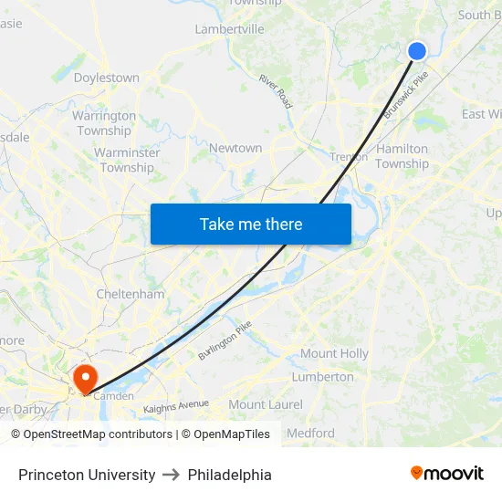 Princeton University to Philadelphia map