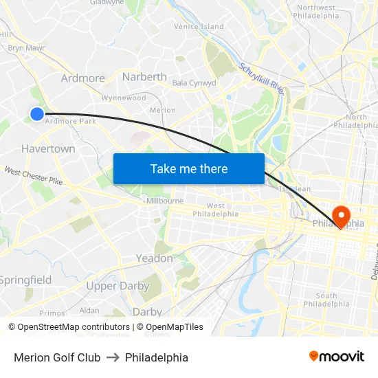 Merion Golf Club to Philadelphia map