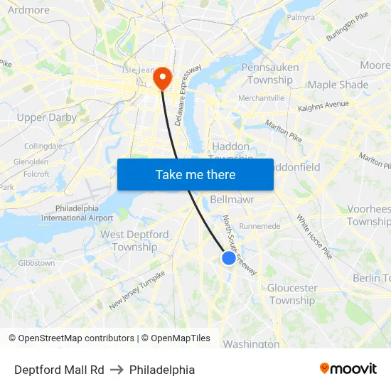Deptford Mall Rd to Philadelphia map