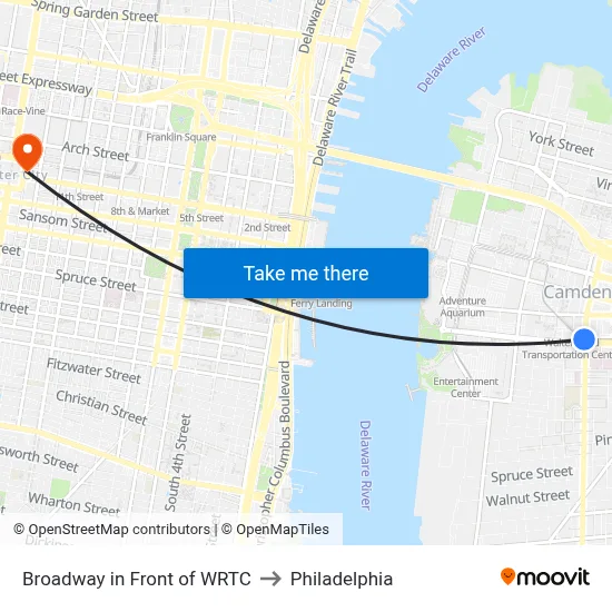 Broadway in Front of WRTC to Philadelphia map