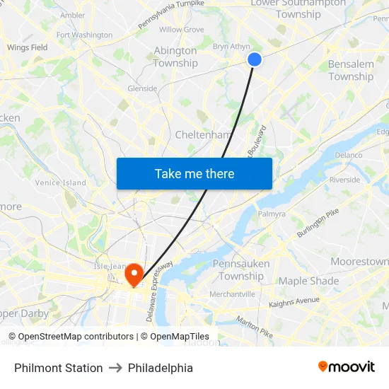 Philmont Station to Philadelphia map