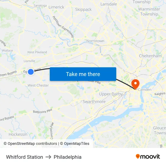 Whitford Station to Philadelphia map