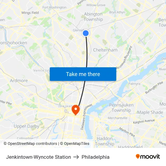 Jenkintown-Wyncote Station to Philadelphia map