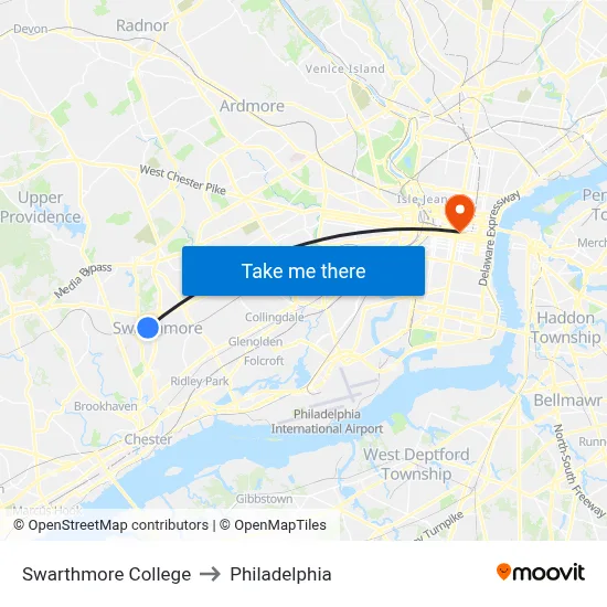 Swarthmore College to Philadelphia map