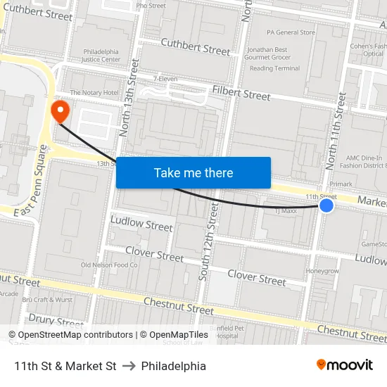 11th St & Market St to Philadelphia map