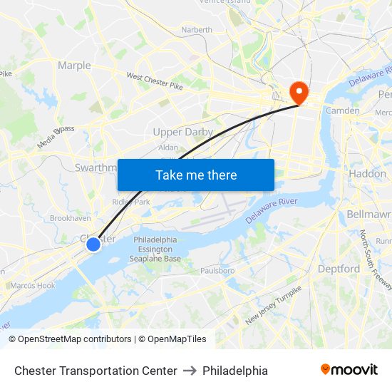 Chester Transportation Center to Philadelphia map