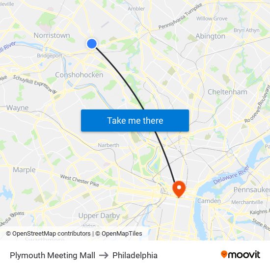 Plymouth Meeting Mall to Philadelphia map