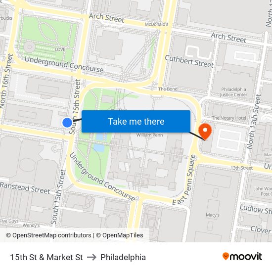 15th St & Market St to Philadelphia map